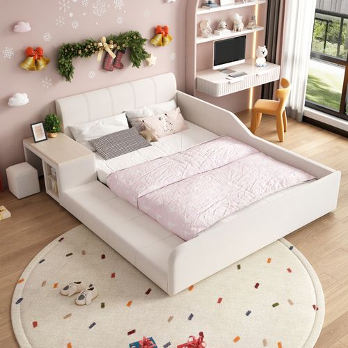 Lit Enfant Double 140x200 Cm Avec Bureau, Tabouret, Rangements, Sommier à Lattes, En Velours Blanc