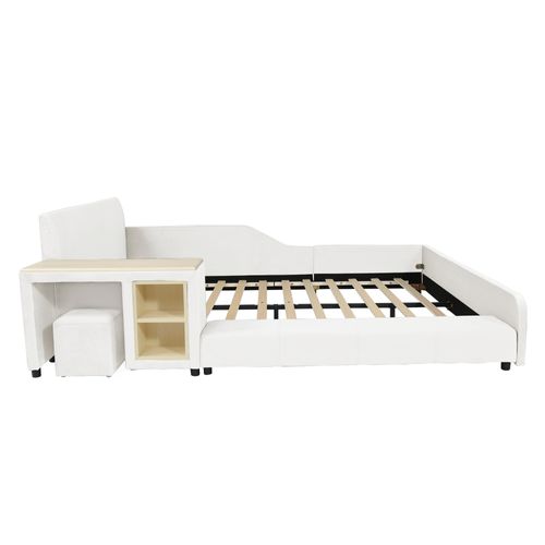 Lit Enfant Double 140x200 Cm Avec Bureau, Tabouret, Rangements, Sommier à Lattes, En Velours Blanc