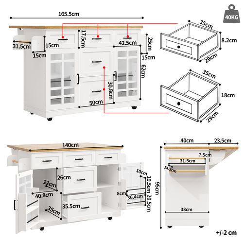 Îlot De Cuisine 165.5x40(63,5)x95 Cm, Mobile Avec Roulettes Et Freins, Mdf Et Métal, Blanc+bois