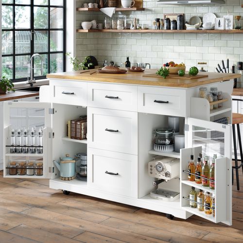 Îlot De Cuisine 165.5x40(63,5)x95 Cm, Mobile Avec Roulettes Et Freins, Mdf Et Métal, Blanc+bois