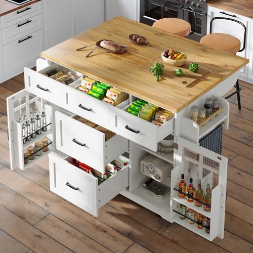 Îlot De Cuisine 165.5x40(63,5)x95 Cm, Mobile Avec Roulettes Et Freins, Mdf Et Métal, Blanc+bois