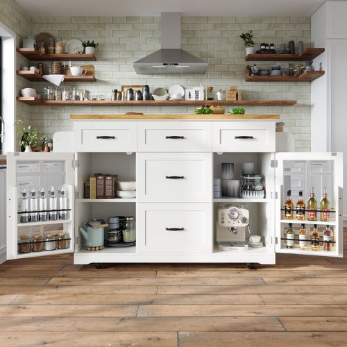 Îlot De Cuisine 165.5x40(63,5)x95 Cm, Mobile Avec Roulettes Et Freins, Mdf Et Métal, Blanc+bois