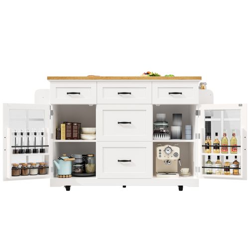 Îlot De Cuisine 165.5x40(63,5)x95 Cm, Mobile Avec Roulettes Et Freins, Mdf Et Métal, Blanc+bois