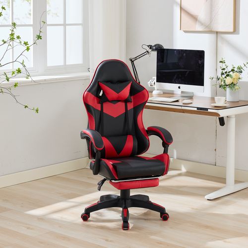 Fauteuil De Bureau, Ergonomique Réglable Avec Repose-pieds, Bois+métal, Rouge Et Noir