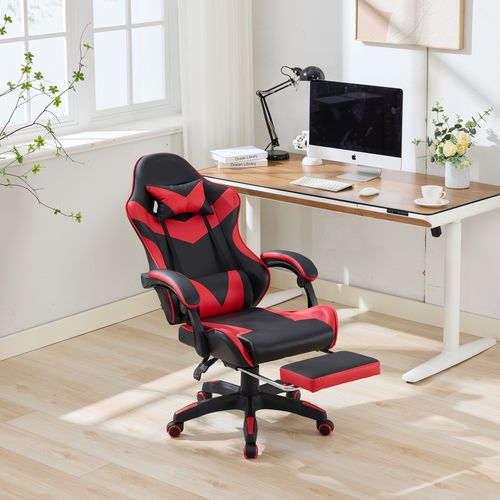 Fauteuil De Bureau, Ergonomique Réglable Avec Repose-pieds, Bois+métal, Rouge Et Noir