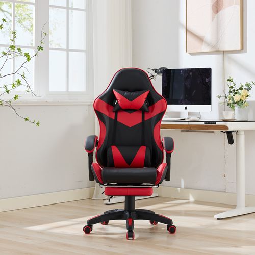 Fauteuil De Bureau, Ergonomique Réglable Avec Repose-pieds, Bois+métal, Rouge Et Noir