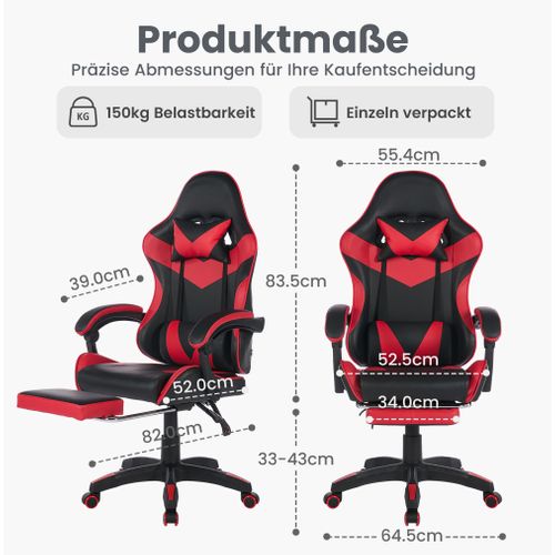Fauteuil De Bureau, Ergonomique Réglable Avec Repose-pieds, Bois+métal, Rouge Et Noir