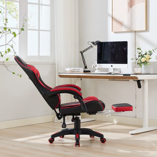 Fauteuil De Bureau, Ergonomique Réglable Avec Repose-pieds, Bois+métal, Rouge Et Noir