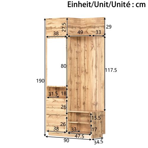 Meuble D'entrée 90x34,5x190 Cm, Miroir, Banc, Chaussures, Tiroirs, Mdf, Couleur Bois