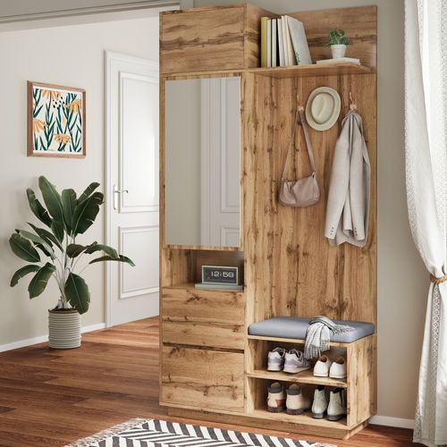 Meuble D'entrée 90x34,5x190 Cm, Miroir, Banc, Chaussures, Tiroirs, Mdf, Couleur Bois