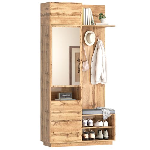 Meuble D'entrée 90x34,5x190 Cm, Miroir, Banc, Chaussures, Tiroirs, Mdf, Couleur Bois