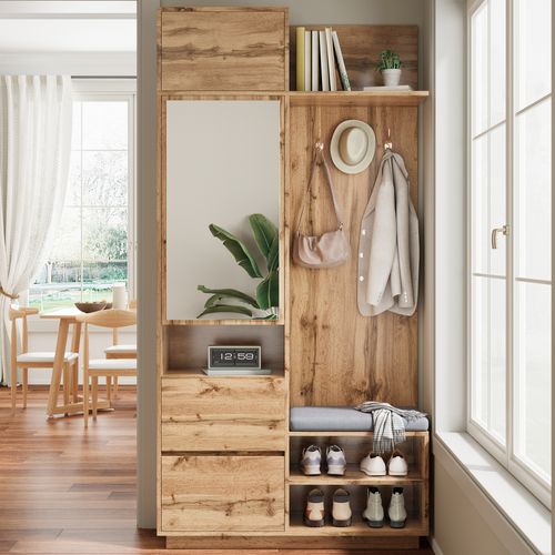 Meuble D'entrée 90x34,5x190 Cm, Miroir, Banc, Chaussures, Tiroirs, Mdf, Couleur Bois