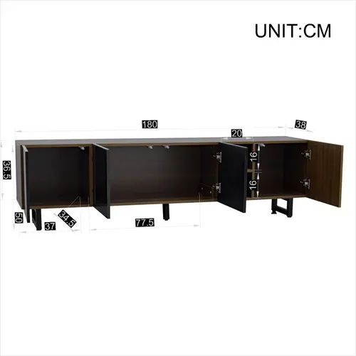 Meuble TV Bas 180x38x50 Cm à 4 Portes, 5 Niches, Design Unique, Motif Bois, En Mdf, Noir Et Marron