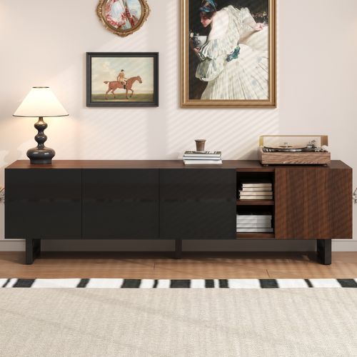 Meuble TV Bas 180x38x50 Cm à 4 Portes, 5 Niches, Design Unique, Motif Bois, En Mdf, Noir Et Marron