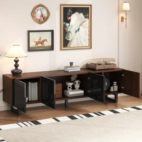 Meuble TV Bas 180x38x50 Cm à 4 Portes, 5 Niches, Design Unique, Motif Bois, En Mdf, Noir Et Marron