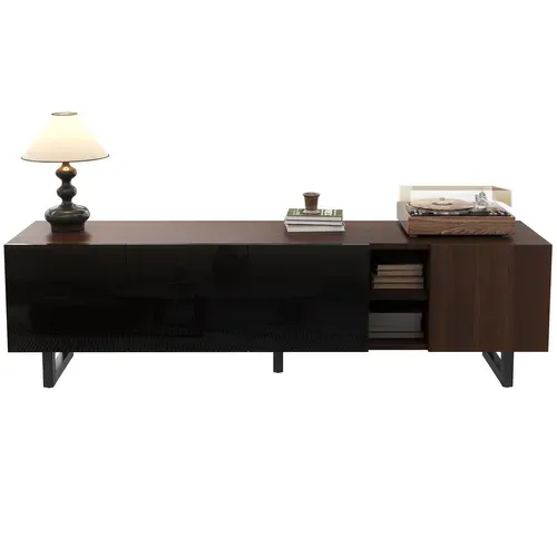 Meuble TV Bas 180x38x50 Cm à 4 Portes, 5 Niches, Design Unique, Motif Bois, En Mdf, Noir Et Marron