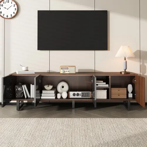 Meuble TV Bas 180x38x50 Cm à 4 Portes, 5 Niches, Design Unique, Motif Bois, En Mdf, Noir Et Marron