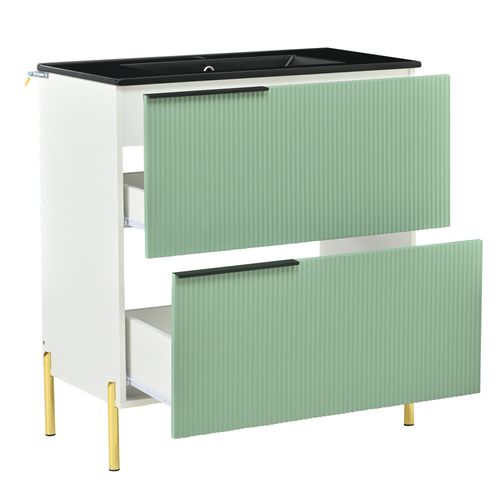 Meuble Vasque 81.5x47x90cm, Vasque Céramique, 2 Tiroirs De Rangement, Mdf, Vert+blanc+noir+doré