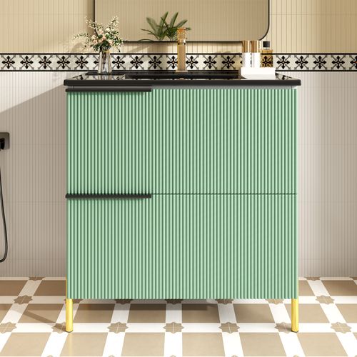 Meuble Vasque 81.5x47x90cm, Vasque Céramique, 2 Tiroirs De Rangement, Mdf, Vert+blanc+noir+doré