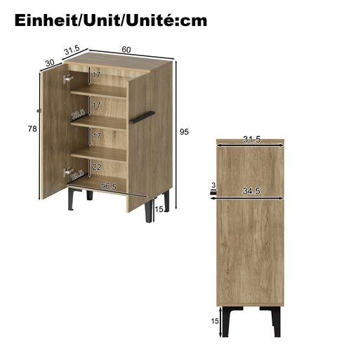 Meuble à Chaussures 60x34,5x95 Cm, Portes, Grand Rangement, Panneau Particules, Noir Et Bois