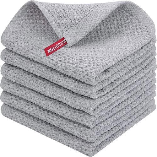 Lot De 6 Torchons En Pur Coton Vert, Texture Gaufrée En Nid D’abeille, Couleur Gris