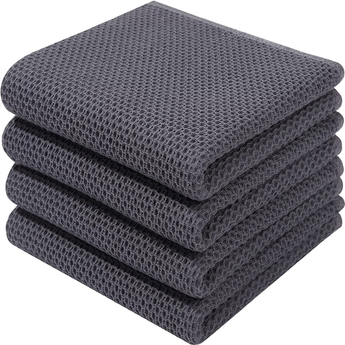 Lot De 4 Torchons En Coton Gaufré 34x73 Cm, Motif Nid D’abeilles, Lavables En Machine, Gris