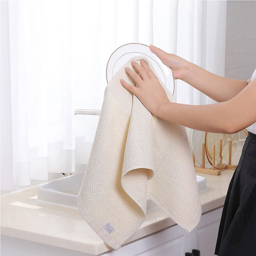 Lot De 4 Torchons En Coton Gaufré 34x73 Cm, Motif Nid D’abeilles, Lavables En Machine, Beige