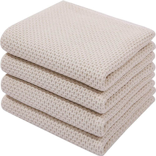 Lot De 4 Torchons En Coton Gaufré 34x73 Cm, Motif Nid D’abeilles, Lavables En Machine, Beige