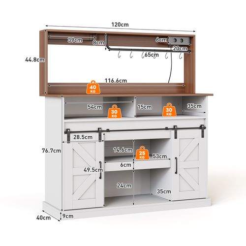 Buffet 120x40x121.5 Cm, Portes Coulissantes, Porte Verres, Prises, Crochets, Mdf, Blanc+bois