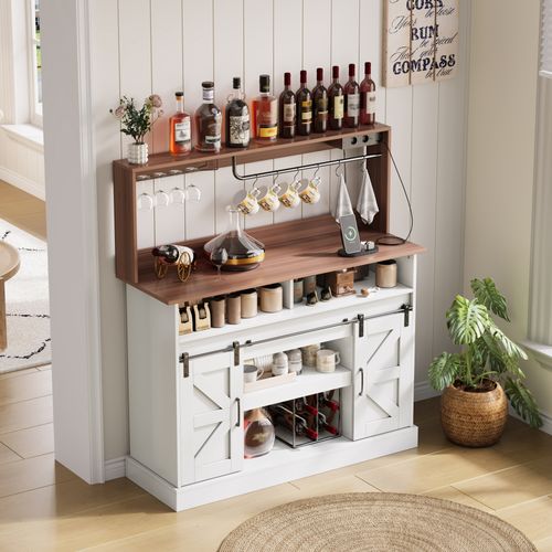 Buffet 120x40x121.5 Cm, Portes Coulissantes, Porte Verres, Prises, Crochets, Mdf, Blanc+bois