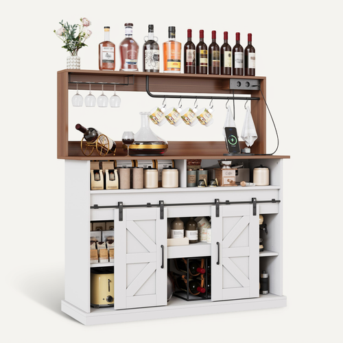 Buffet 120x40x121.5 Cm, Portes Coulissantes, Porte Verres, Prises, Crochets, Mdf, Blanc+bois