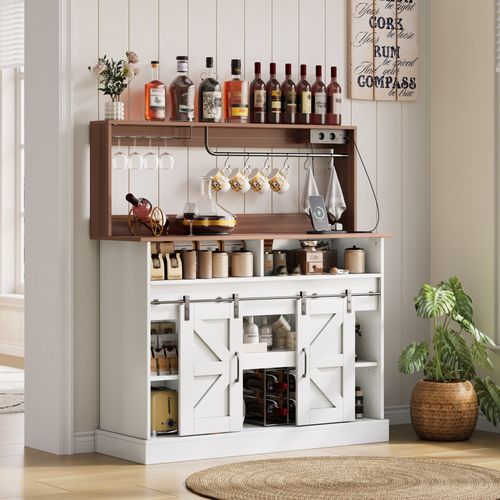 Buffet 120x40x121.5 Cm, Portes Coulissantes, Porte Verres, Prises, Crochets, Mdf, Blanc+bois