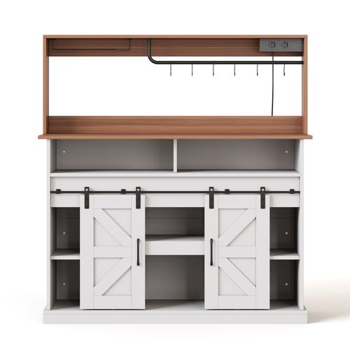 Buffet 120x40x121.5 Cm, Portes Coulissantes, Porte Verres, Prises, Crochets, Mdf, Blanc+bois