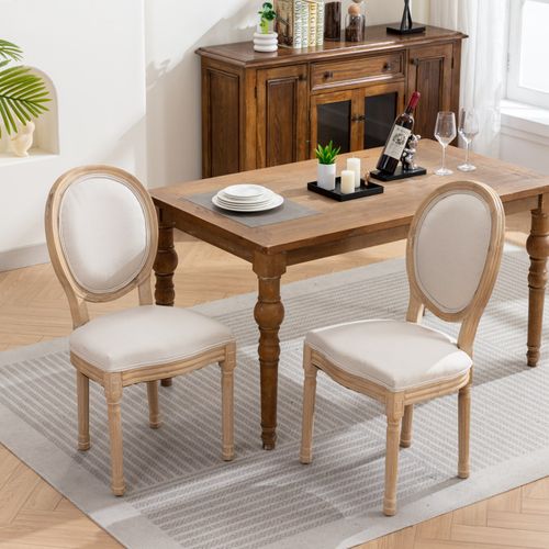 Lot De 2 Chaises De Salle à Manger 59,5x49x95 Cm, Style Français Ancien, Cadre En Bois, Lin Beige