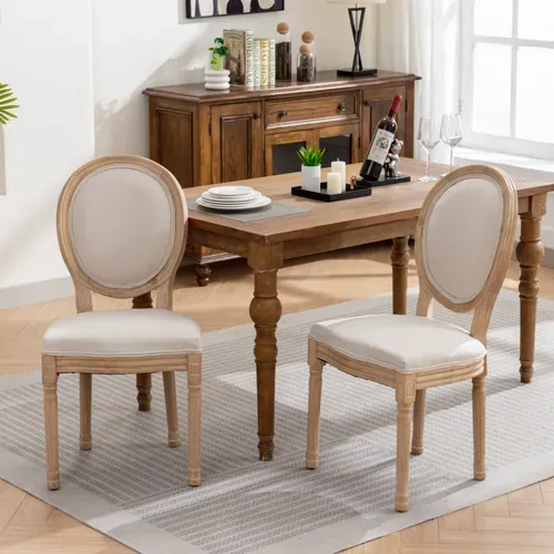 Lot De 2 Chaises De Salle à Manger 59,5x49x95 Cm, Style Français Ancien, Cadre En Bois, Lin Beige