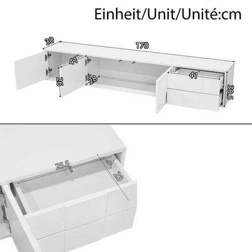 Meuble TV 170x30x30,5 Cm, Montage Mural Ou Posé, Design Sans Poignée, Mdf, Pb, Blanc