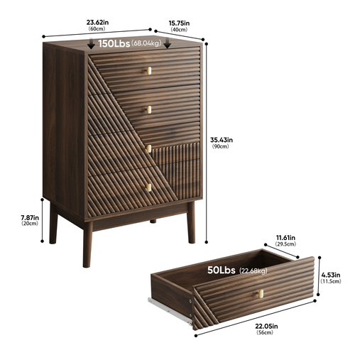 Commode 60x40x90 Cm, 4 Tiroirs De Rangement, Mdf, Pieds Bois, Couleur Brun, Style Mid Century