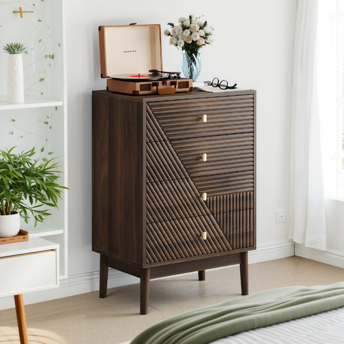 Commode 60x40x90 Cm, 4 Tiroirs De Rangement, Mdf, Pieds Bois, Couleur Brun, Style Mid Century