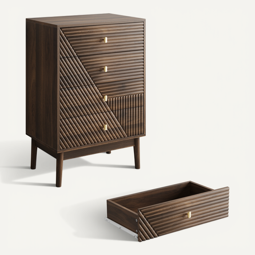 Commode 60x40x90 Cm, 4 Tiroirs De Rangement, Mdf, Pieds Bois, Couleur Brun, Style Mid Century