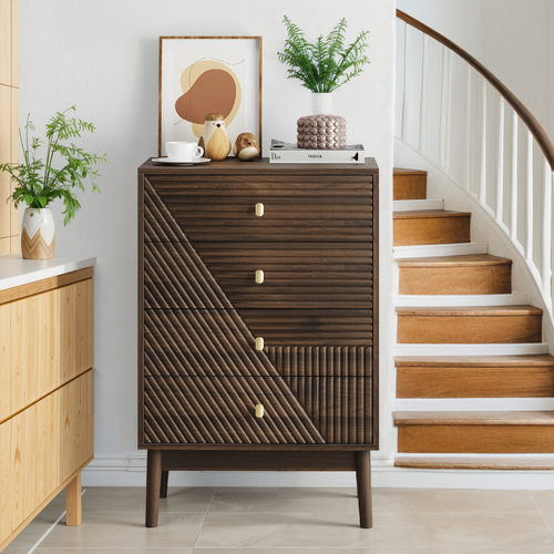 Commode 60x40x90 Cm, 4 Tiroirs De Rangement, Mdf, Pieds Bois, Couleur Brun, Style Mid Century