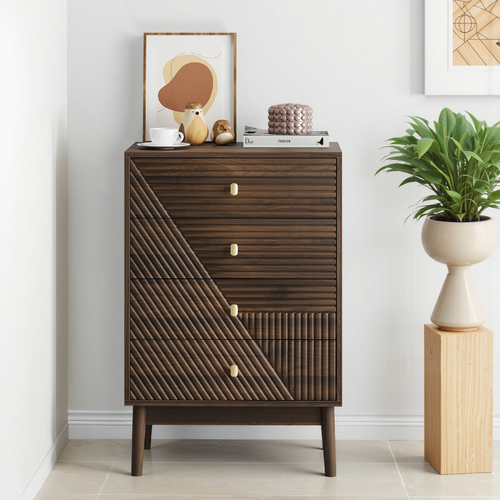 Commode 60x40x90 Cm, 4 Tiroirs De Rangement, Mdf, Pieds Bois, Couleur Brun, Style Mid Century