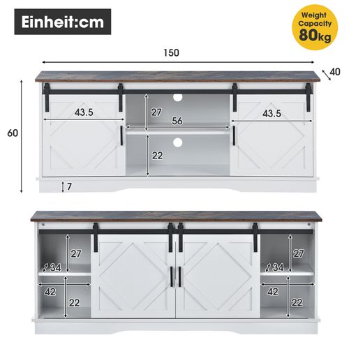 Meuble TV 150x40x60cm, 2 Portes Coulissantes, Étagères Réglables, 2 Niches, Pb, Blanc+brun