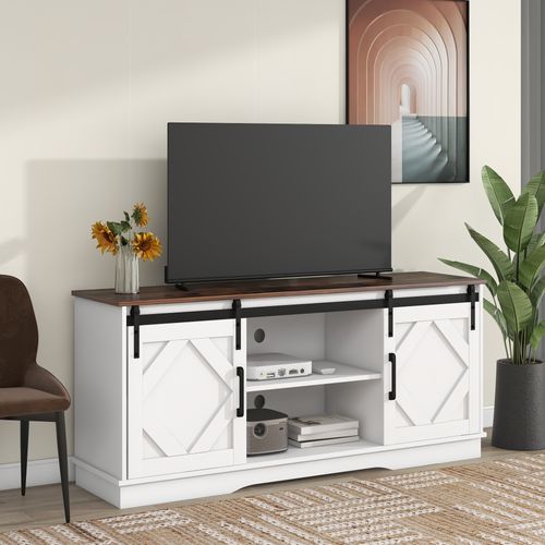 Meuble TV 150x40x60cm, 2 Portes Coulissantes, Étagères Réglables, 2 Niches, Pb, Blanc+brun