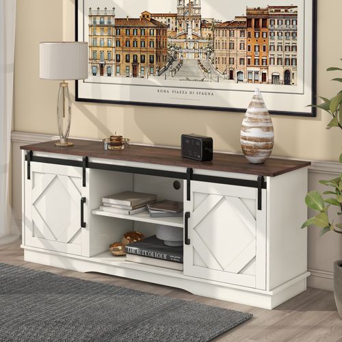 Meuble TV 150x40x60cm, 2 Portes Coulissantes, Étagères Réglables, 2 Niches, Pb, Blanc+brun