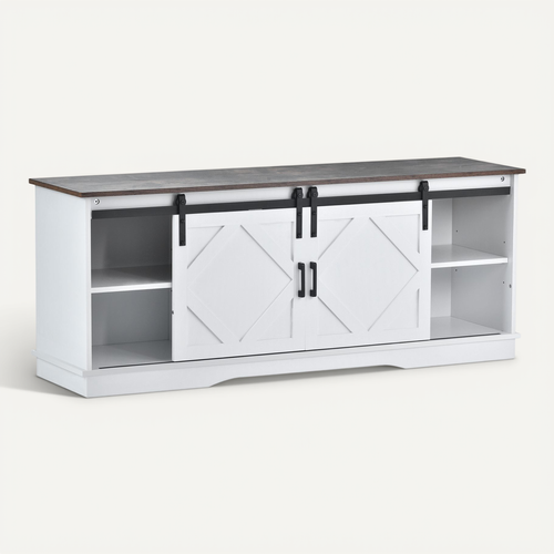 Meuble TV 150x40x60cm, 2 Portes Coulissantes, Étagères Réglables, 2 Niches, Pb, Blanc+brun