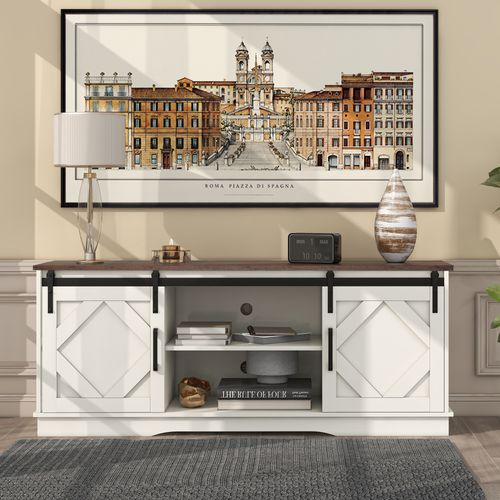 Meuble TV 150x40x60cm, 2 Portes Coulissantes, Étagères Réglables, 2 Niches, Pb, Blanc+brun