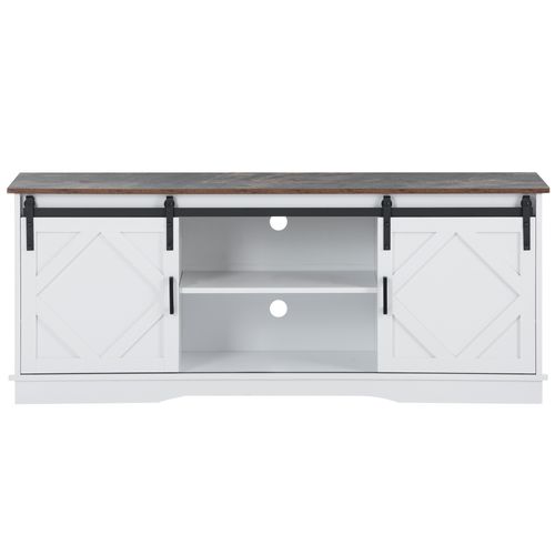 Meuble TV 150x40x60cm, 2 Portes Coulissantes, Étagères Réglables, 2 Niches, Pb, Blanc+brun