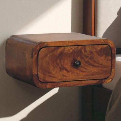 Table De Chevet Murale 1 Tiroir, Rangement Compact, Bois Massif, Finition Teintée, Couleur Brun