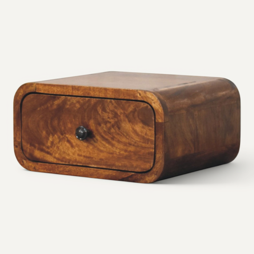 Table De Chevet Murale 1 Tiroir, Rangement Compact, Bois Massif, Finition Teintée, Couleur Brun