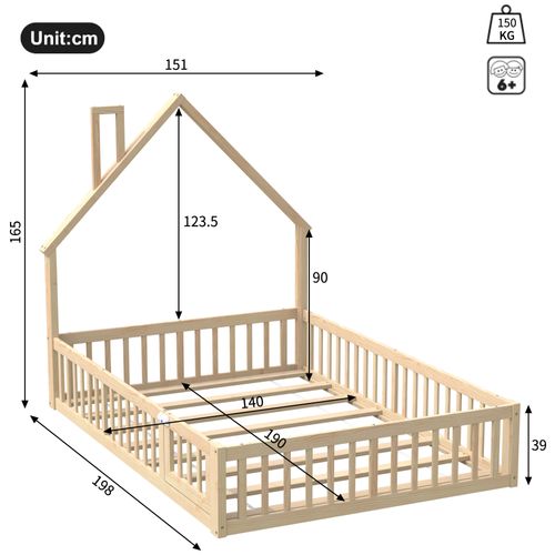 Lit Cabane Enfant  140x190 Cm, Forme Cheminée Avec Barrières De Sécurité, Bois Et Mdf, Couleur Bois